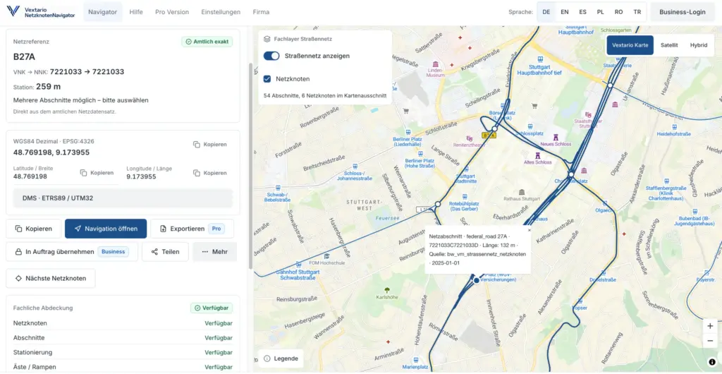 Netzknoten Navigator: One Product for Searching, Converting, Sharing, and Integrating German Road Locations 1 Vextario Netzknoten Navigator Navigation Strassennetz